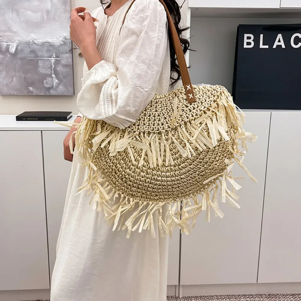 KissICON Straw Personality Woven Shoulder Vacation Beach Bag