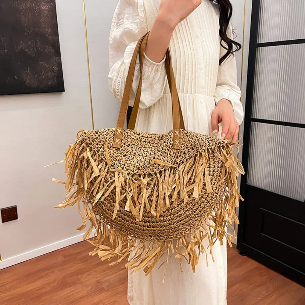 KissICON Straw Personality Woven Shoulder Vacation Beach Bag