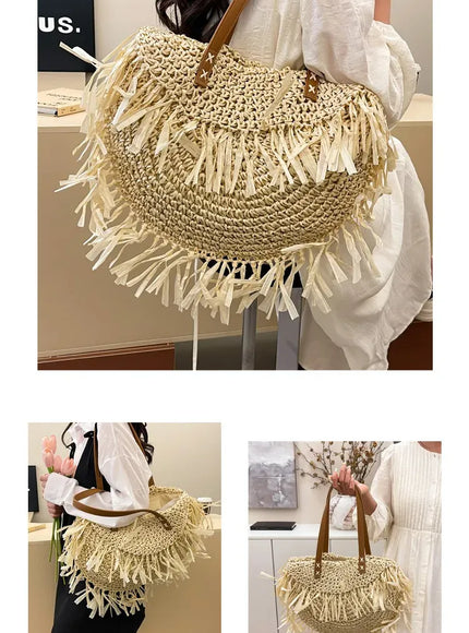 KissICON Straw Personality Woven Shoulder Vacation Beach Bag