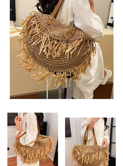 KissICON Straw Personality Woven Shoulder Vacation Beach Bag
