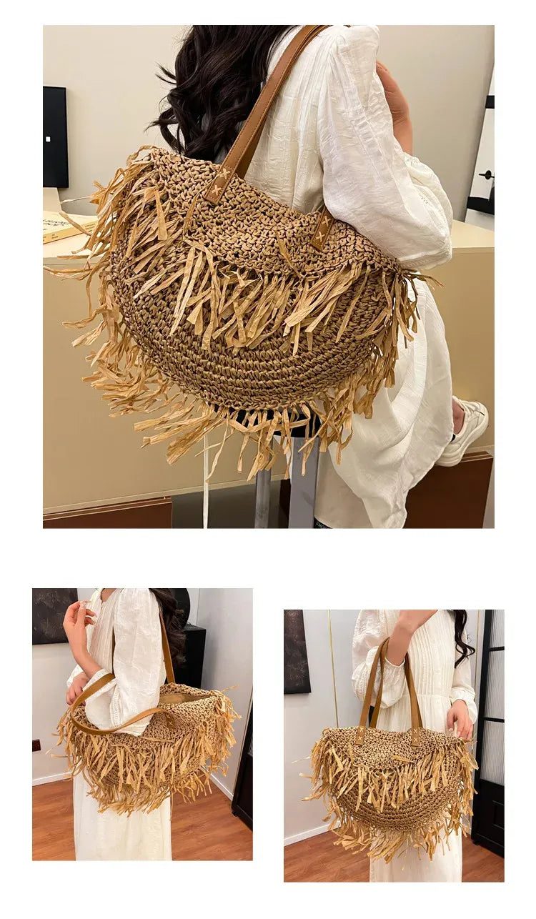 KissICON Straw Personality Woven Shoulder Vacation Beach Bag