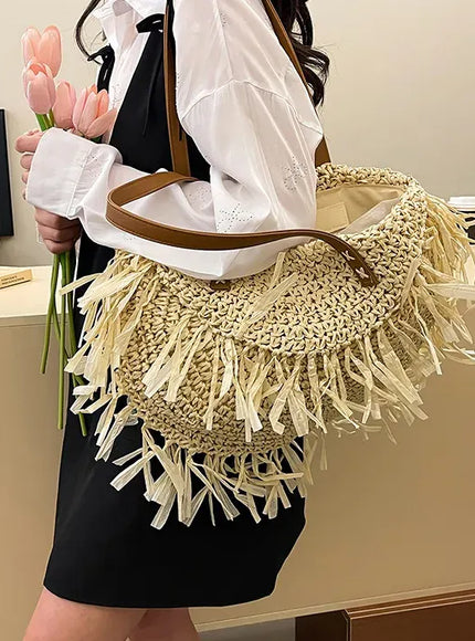 KissICON Straw Personality Woven Shoulder Vacation Beach Bag