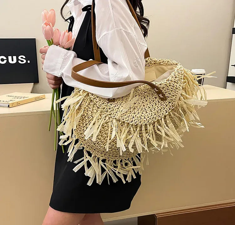 KissICON Straw Personality Woven Shoulder Vacation Beach Bag