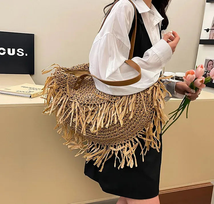 KissICON Straw Personality Woven Shoulder Vacation Beach Bag