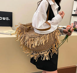 KissICON Straw Personality Woven Shoulder Vacation Beach Bag