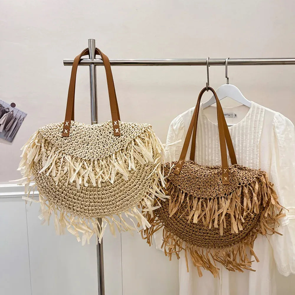 KissICON Straw Personality Woven Shoulder Vacation Beach Bag