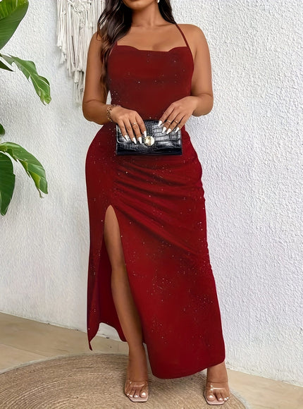 jkthpu-45 Stretchy Comfort | Elegant Black One-Shoulder Sparkling High-Slit Maxi Dress for Women - Stretchy Polyester Blend, Perfect for Parties and Formal Events, Summer Maxi Dress | Sparkling Maxi | Stretchy Fabric