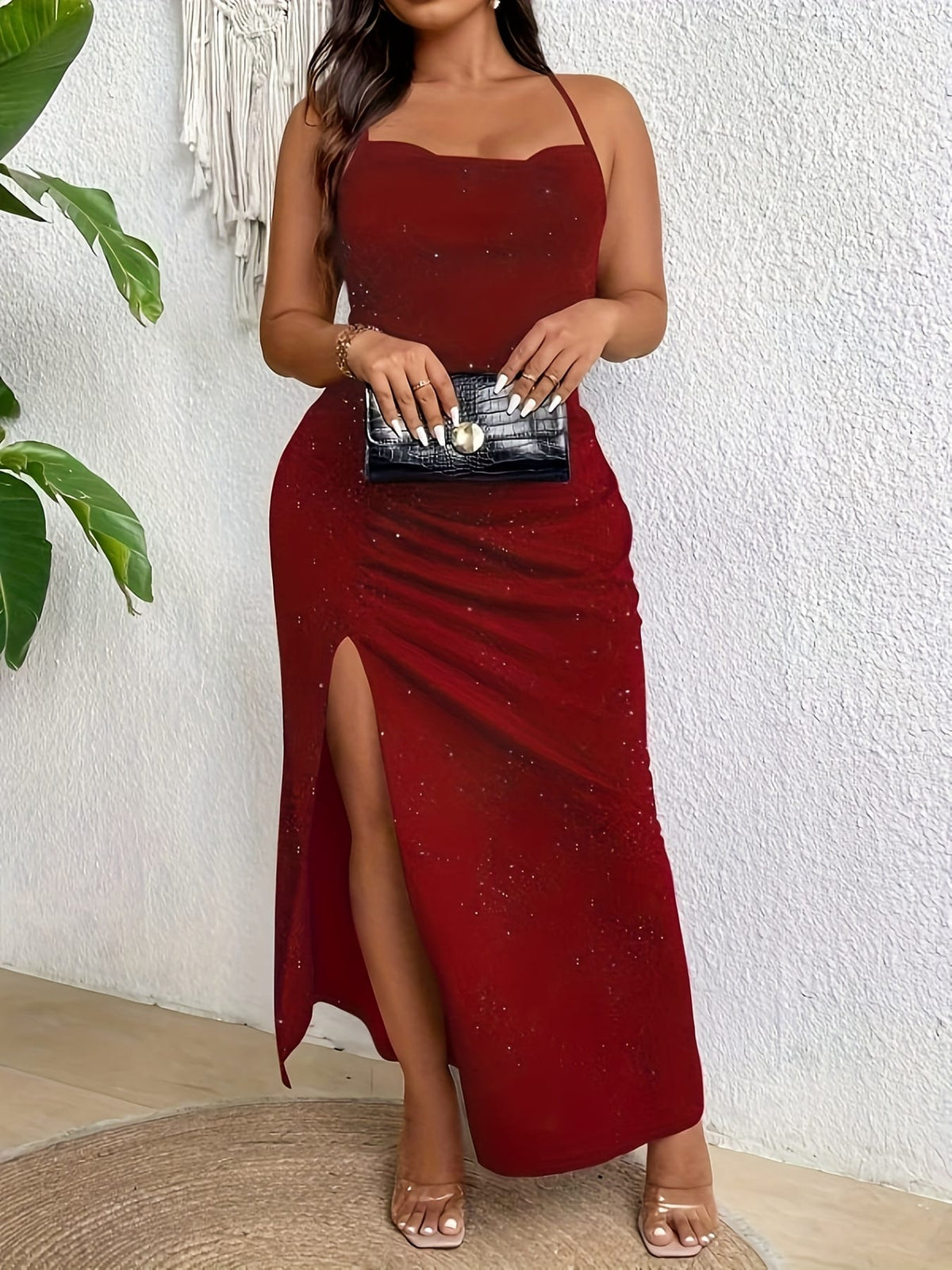 jkthpu-45 Stretchy Comfort | Elegant Black One-Shoulder Sparkling High-Slit Maxi Dress for Women - Stretchy Polyester Blend, Perfect for Parties and Formal Events, Summer Maxi Dress | Sparkling Maxi | Stretchy Fabric