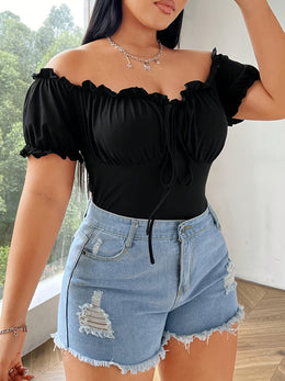 jkthpu-45 Stretchy OffShoulder Ruffle Crop Top for Curvy Women