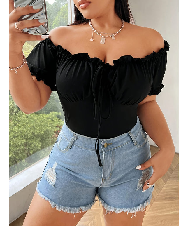 jkthpu-45 Stretchy OffShoulder Ruffle Crop Top for Curvy Women