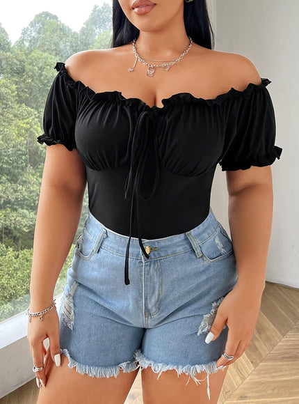jkthpu-45 Stretchy OffShoulder Ruffle Crop Top for Curvy Women