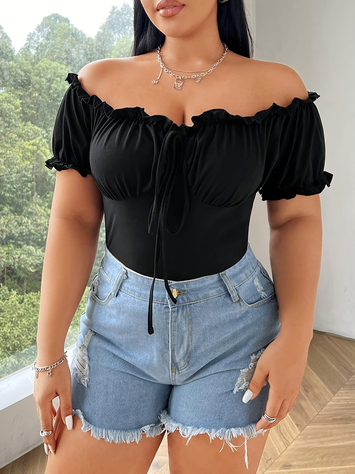 jkthpu-45 Stretchy OffShoulder Ruffle Crop Top for Curvy Women