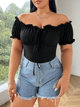 jkthpu-45 Stretchy OffShoulder Ruffle Crop Top for Curvy Women