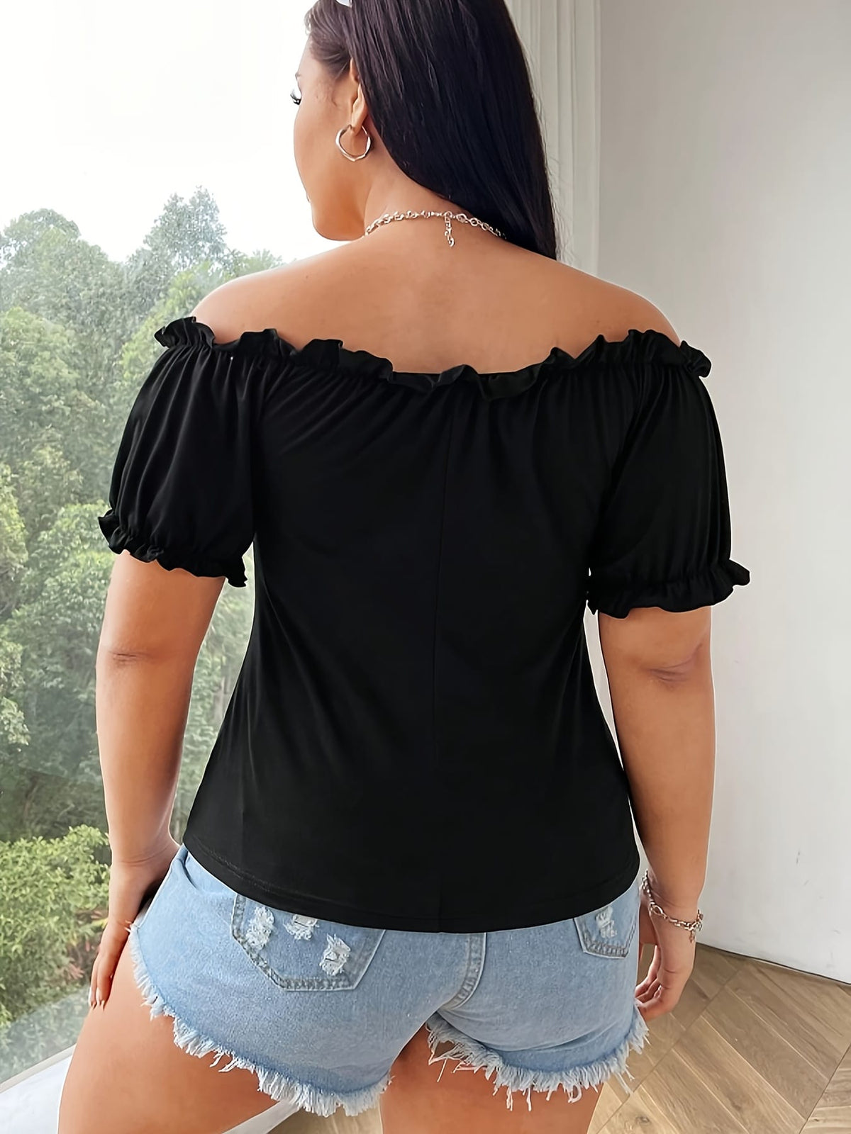 jkthpu-45 Stretchy OffShoulder Ruffle Crop Top for Curvy Women