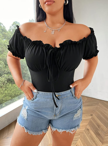 jkthpu-45 Stretchy OffShoulder Ruffle Crop Top for Curvy Women