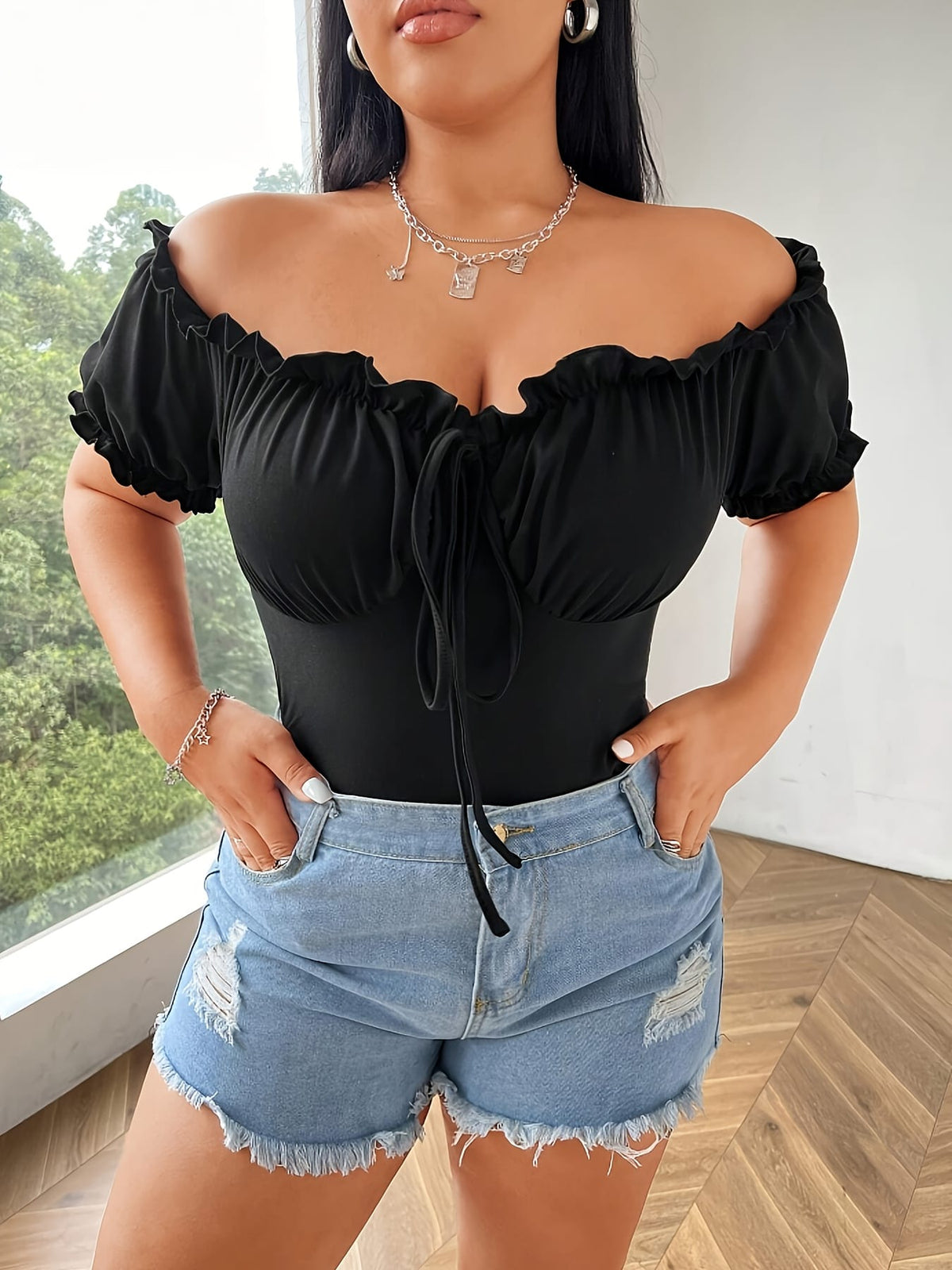 jkthpu-45 Stretchy OffShoulder Ruffle Crop Top for Curvy Women