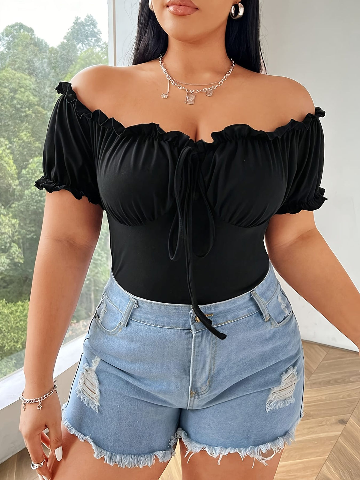 jkthpu-45 Stretchy OffShoulder Ruffle Crop Top for Curvy Women