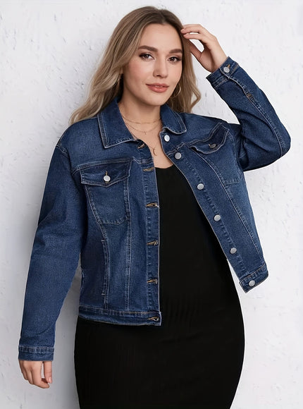 jkthpu-45 Stretchy VNeck DenimLike Blazer Plus Size Versatile Layering Piece