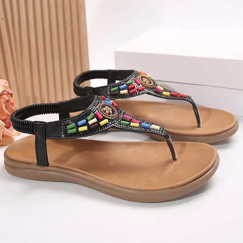 KissICON String Bead Crystal Decor Flat Sandals for Women