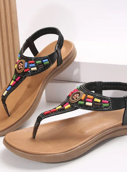 KissICON String Bead Crystal Decor Flat Sandals for Women