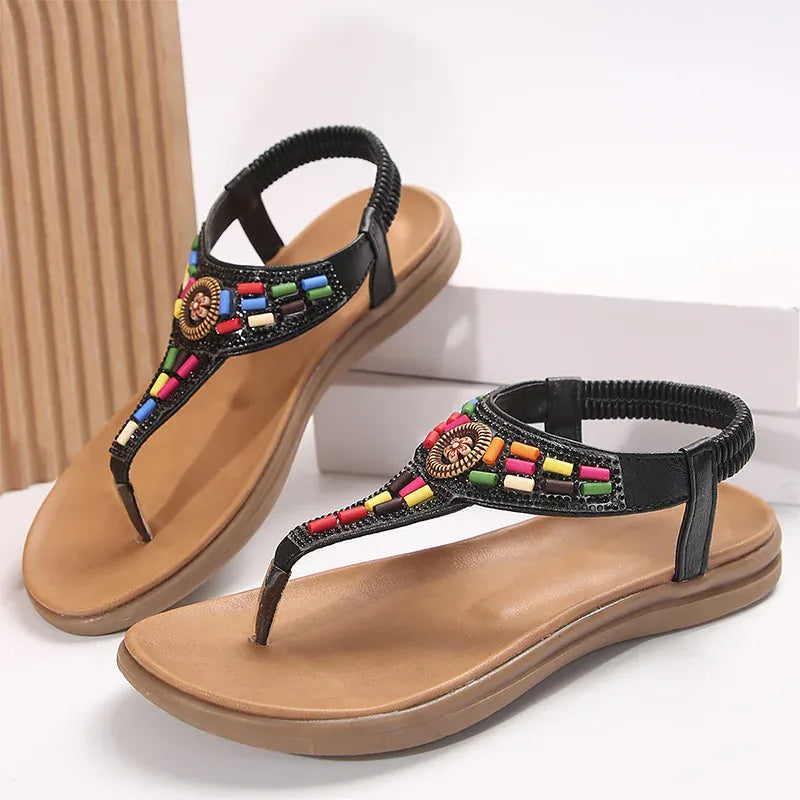 KissICON String Bead Crystal Decor Flat Sandals for Women