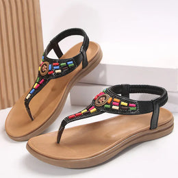 KissICON String Bead Crystal Decor Flat Sandals for Women