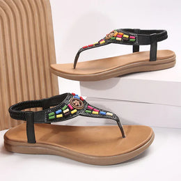 KissICON String Bead Crystal Decor Flat Sandals for Women