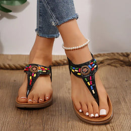 KissICON String Bead Crystal Decor Flat Sandals for Women