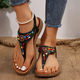 KissICON String Bead Crystal Decor Flat Sandals for Women