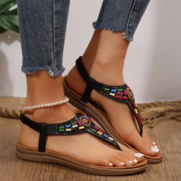 KissICON String Bead Crystal Decor Flat Sandals for Women