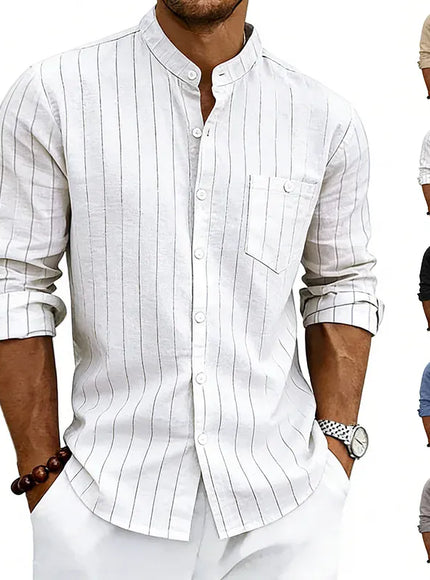 KissICON Striped Linen Stand Collar Loose Fashion Commuter Shirt