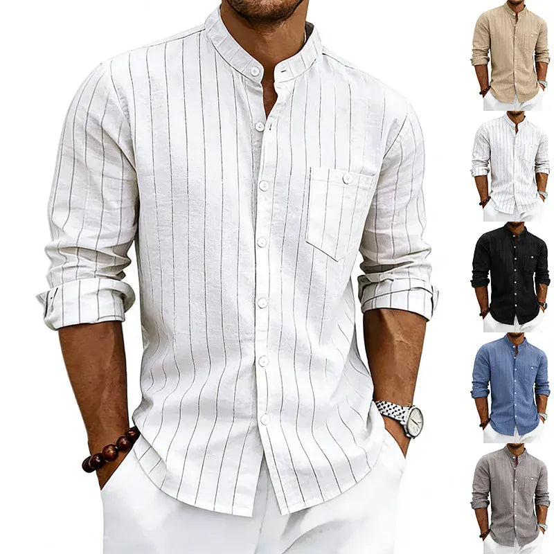 KissICON Striped Linen Stand Collar Loose Fashion Commuter Shirt