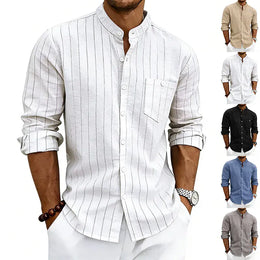 KissICON Striped Linen Stand Collar Loose Fashion Commuter Shirt