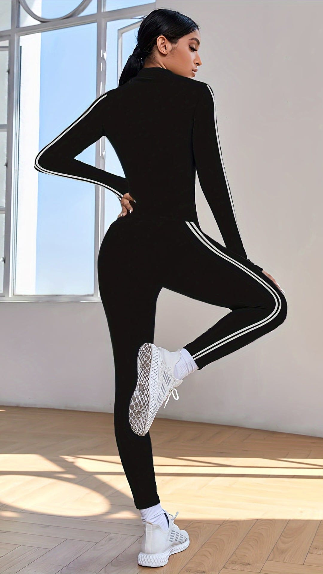 jkthpu-45 Striped Yoga Set Long Sleeve Top  Pants Fitness Suit