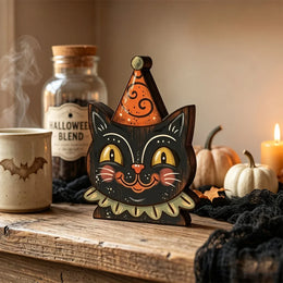 KissICON Style 2-1pc Halloween Decor Indoor,Retro Wooden Block for Shelf Decoration,Cute Ghost,Pumpkin,Black Cat,Skeleton,Witch Owl,Housewarming Gift