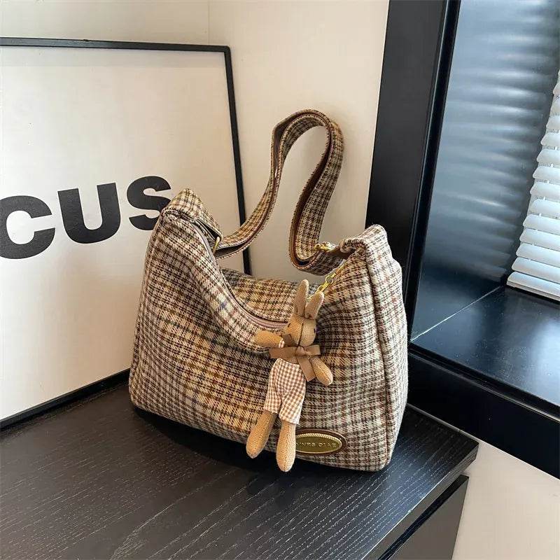 KissICON style 3 / (30cm<Max Length<50cm) American Vintage Plaid Wool Crossbody – Shoulder