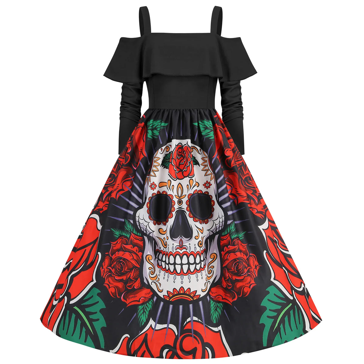 KissICON Style A / S / China Mainland Halloween Medieval Horror Cosplay Costume Women's Sexy Skull Ghost Face Retro Suspenders Ruffle Long Sleeve Dress Carnival Party