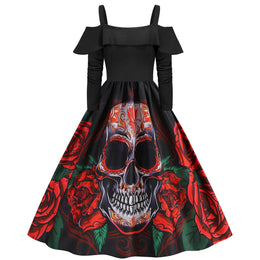 KissICON Style B / XXL / China Mainland Halloween Medieval Horror Cosplay Costume Women's Sexy Skull Ghost Face Retro Suspenders Ruffle Long Sleeve Dress Carnival Party