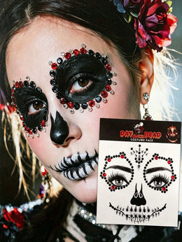 KissICON Style-c 1pc Black, White & Red Synthetic Gemstone - Exquisite Skull, Gothic, Punk Design With Round And Crown Patterns, Precisely Cut Eyes And Mouth, Suitable For Day Of The Dead, Carnival, Halloween, Music Festival, Masquerade Makeup - Easy To Apply And Remove,
