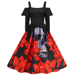 KissICON Style C / S / China Mainland Halloween Medieval Horror Cosplay Costume Women's Sexy Skull Ghost Face Retro Suspenders Ruffle Long Sleeve Dress Carnival Party