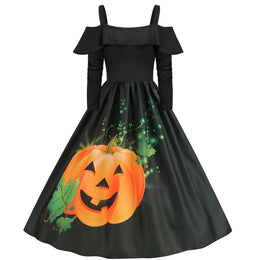 KissICON Style E / S / China Mainland Halloween Medieval Horror Cosplay Costume Women's Sexy Skull Ghost Face Retro Suspenders Ruffle Long Sleeve Dress Carnival Party