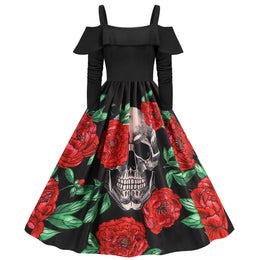 KissICON Style F / S / China Mainland Halloween Medieval Horror Cosplay Costume Women's Sexy Skull Ghost Face Retro Suspenders Ruffle Long Sleeve Dress Carnival Party