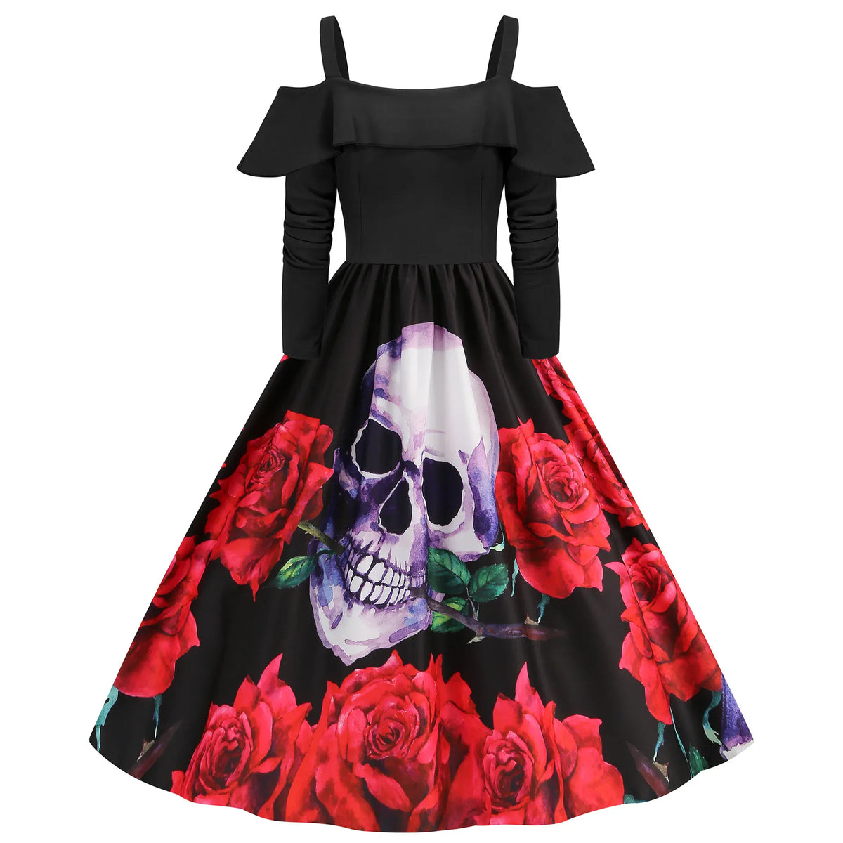 KissICON Style G / S / China Mainland Halloween Medieval Horror Cosplay Costume Women's Sexy Skull Ghost Face Retro Suspenders Ruffle Long Sleeve Dress Carnival Party