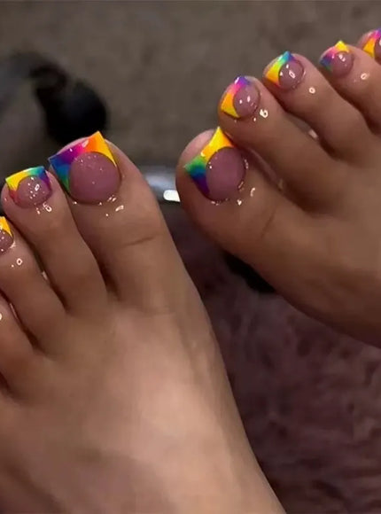 KissICON Style1 Press On Nails Simple Summer Rainbow French Wearing