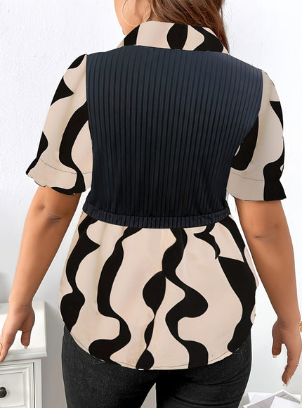 KissICON [Stylish Geometric Top] Polyester Women's Stylish Geometric Print Top | Short Sleeves, Elegant Lapel Collar, All-Season Wear, Casual Attire