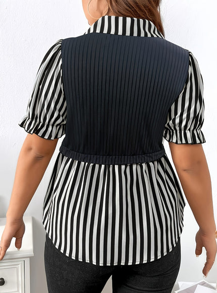 KissICON [Stylish Geometric Top] Polyester Women's Stylish Geometric Print Top | Short Sleeves, Elegant Lapel Collar, All-Season Wear, Casual Attire