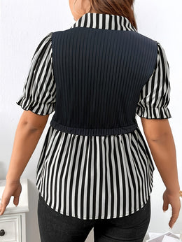 KissICON [Stylish Geometric Top] Polyester Women's Stylish Geometric Print Top | Short Sleeves, Elegant Lapel Collar, All-Season Wear, Casual Attire