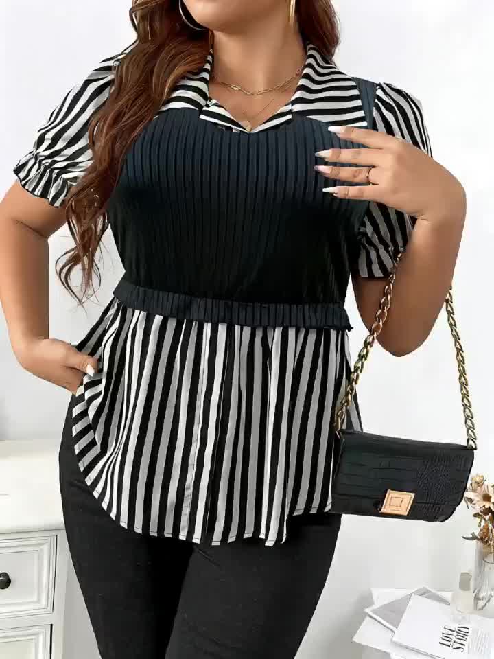 KissICON [Stylish Geometric Top] Polyester Women's Stylish Geometric Print Top | Short Sleeves, Elegant Lapel Collar, All-Season Wear, Casual Attire