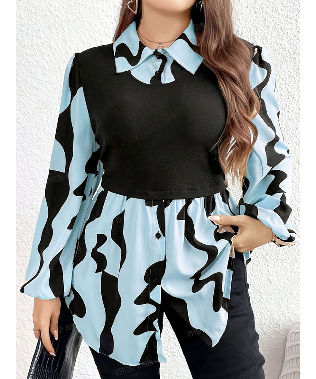 KissICON Stylish Plus Size Abstract Striped Blouse - Women's Casual Long Sleeve Button Down Shirt for Spring - Soft, Breathable, Comfortable, and Elegant Clothing for Curvy Women