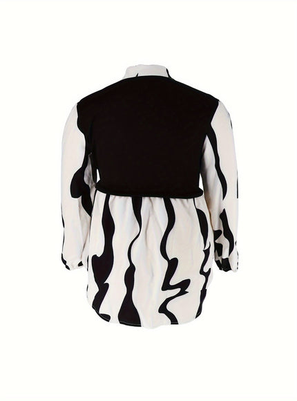 KissICON Stylish Plus Size Abstract Striped Blouse - Women's Casual Long Sleeve Button Down Shirt for Spring - Soft, Breathable, Comfortable, and Elegant Clothing for Curvy Women